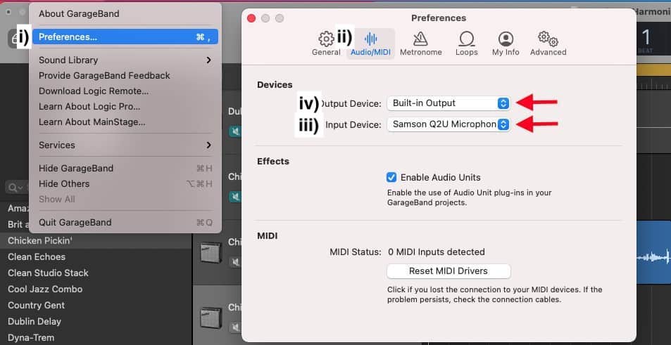 Garageband Preferences and Input and Output 