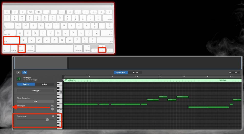 Option + Shift + Down Arrow  Transpose Octave - Keyboard Shortcuts