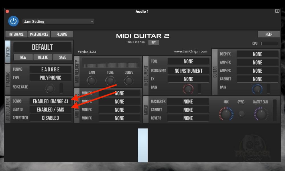 Bend Range 4 / Legato 5MS - How to Use the MIDI Guitar 2 in GarageBand 