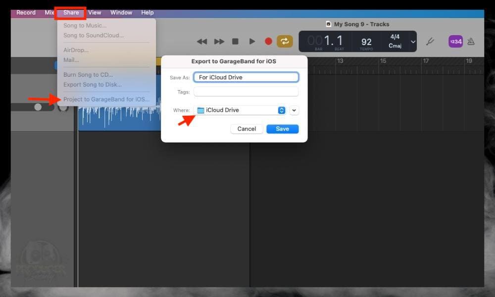 Share > Project to iOS > iCloud Drive - How to Import Audio Into GarageBand iOS 
