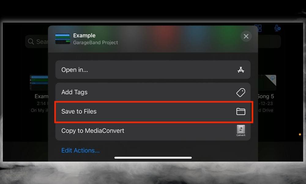 Scroll Down & Choose Save to Files - How to Email A GarageBand Project File [PC/iPhone/iPad]