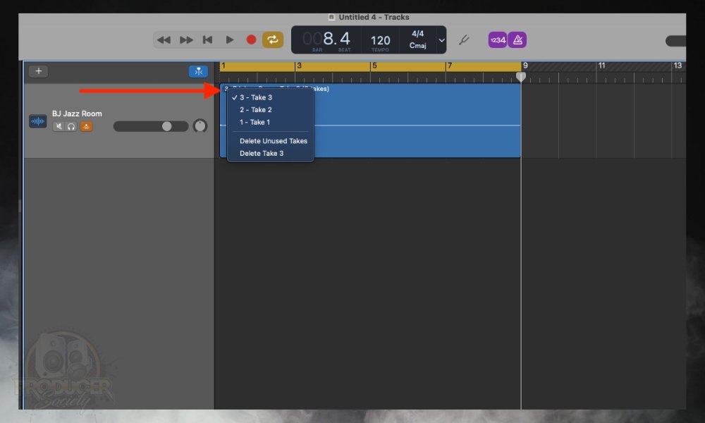 Selecting Takes -  How to Record A Seamless Loop in GarageBand (iOS/macOS)