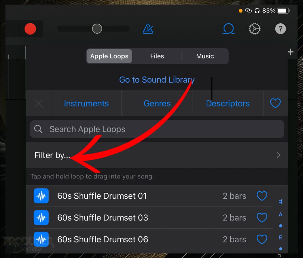 2) Click the “Filter By..” Option - in GarageBand iOS
