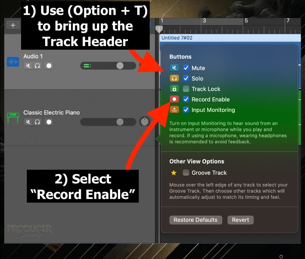 Option + T to Configure the Track Header (Record Enable) 