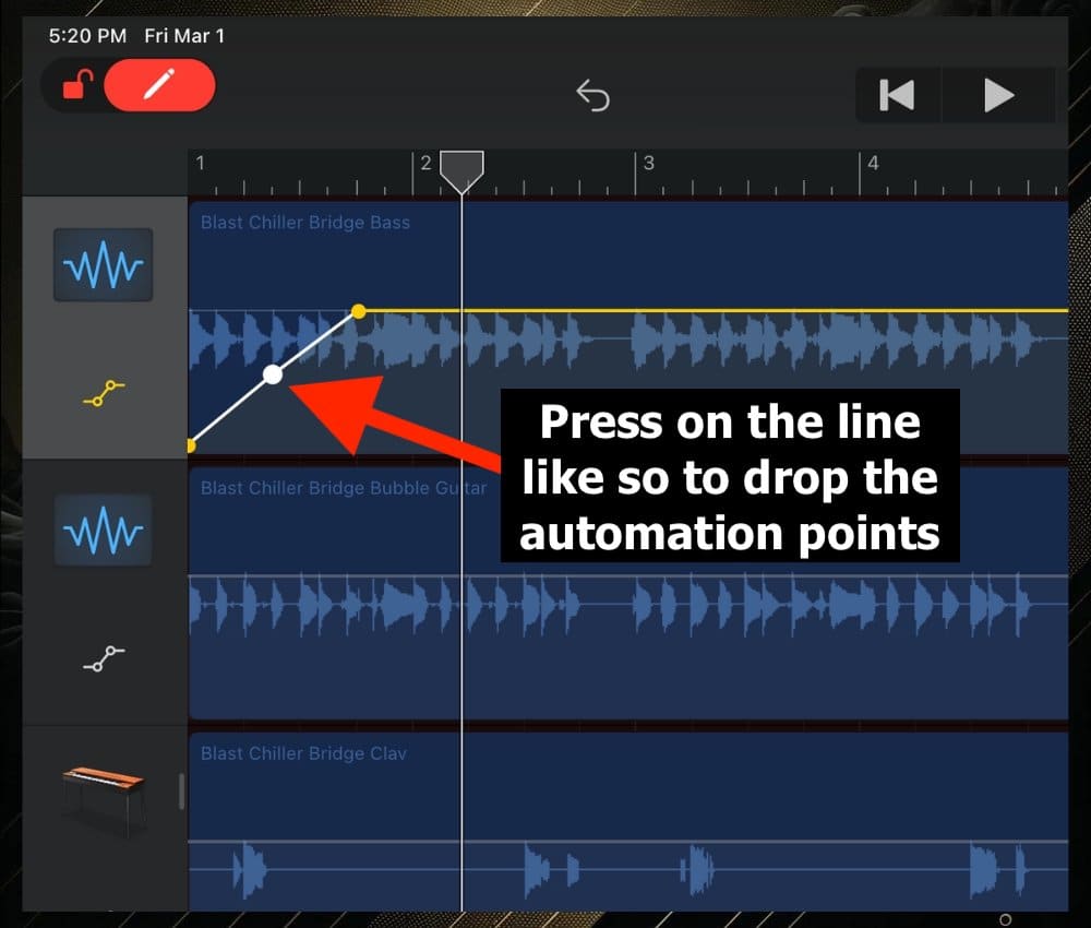 3) Place Your Automation Points - GarageBand iOS (Fade in and Out) 